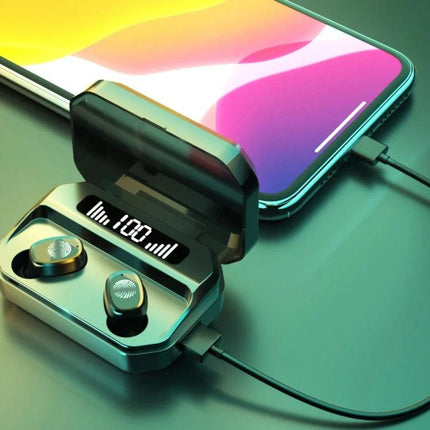 True Wireless Touch Earbuds With Charging Case And Display showing M8 earbuds in charging case with digital battery display