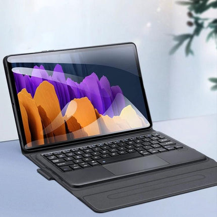 DUX DUCIS Protective Keyboard Case for Samsung Galaxy Tab S8/S7 shown open with built-in keyboard and touchpad for students and professionals