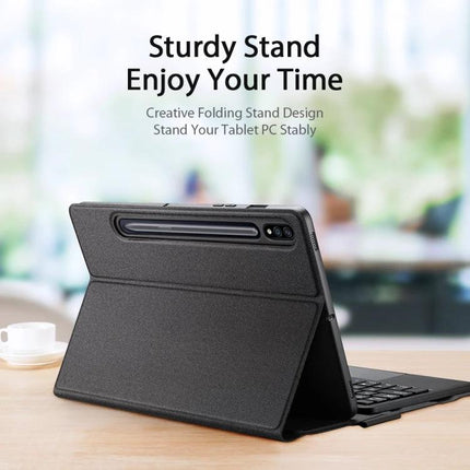 DUX DUCIS Protective Keyboard Case for Samsung Galaxy Tab S8/S7 shown folded as a sturdy stand with built-in keyboard for typing