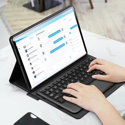 DUX DUCIS Protective Keyboard Case for Samsung Galaxy Tab S8/S7 shown open with hands typing on keyboard for note-taking and travel productivity