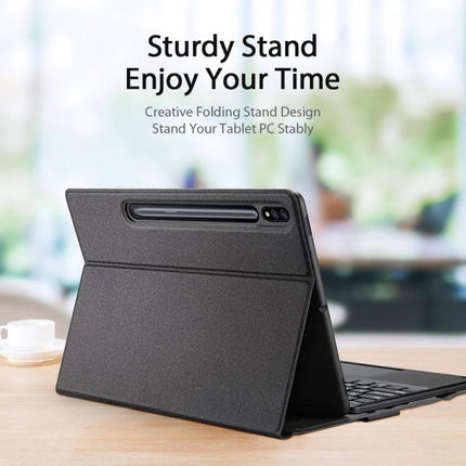 DUX DUCIS Bluetooth Keyboard Case for Samsung Galaxy Tab S8 Plus shown as sturdy folding stand for typing and note-taking