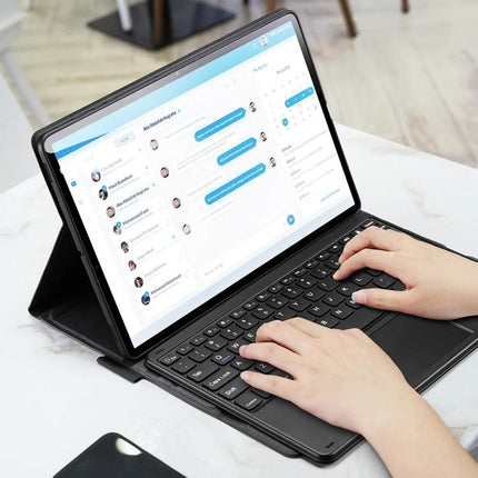 DUX DUCIS Bluetooth Keyboard Case for Samsung Galaxy Tab S8 Plus showing hands typing on tablet with messaging app