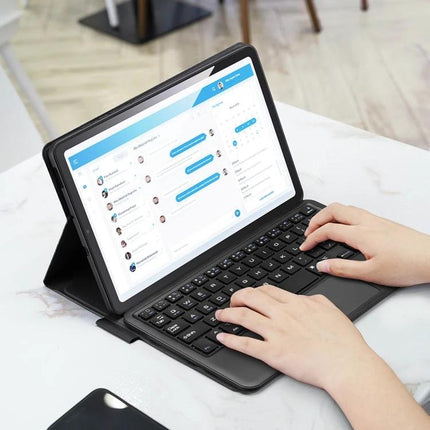 DUX DUCIS Bluetooth Keyboard Case for Samsung Galaxy Tab S6 Lite showing hands typing on wireless keyboard in a protective folio for on‑the‑go productivity
