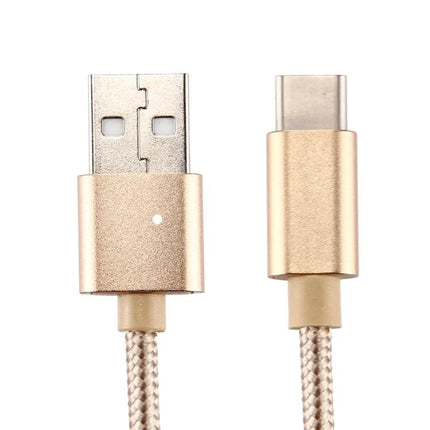Knit USB-C Cable for Everyday Device Charging and Syncing in gold knit braid with USB-A to Type-C connectors