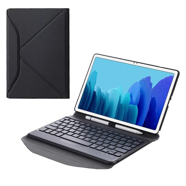 Leather Tablet Case with Bluetooth Keyboard for Samsung Galaxy Tab A7 10.4 shown open with detachable keyboard and stylus slot in black