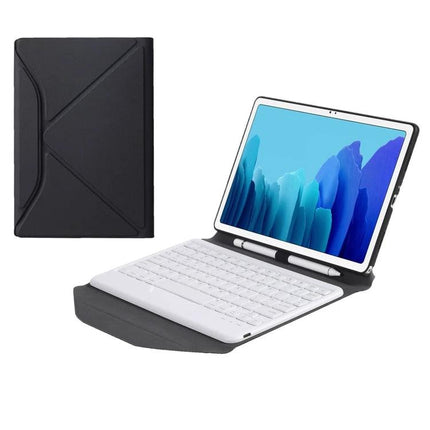 Leather Tablet Case with Bluetooth Keyboard for Samsung Galaxy Tab A7 10.4 shown open with white Bluetooth keyboard and stylus in black folio case
