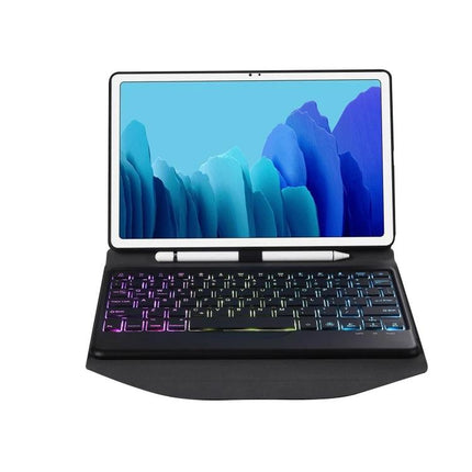 Protective Leather Case with Bluetooth Keyboard for Samsung Galaxy Tab A7 10.4 showing tablet in case with backlit keyboard and stylus