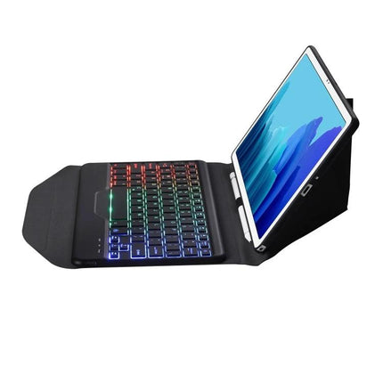 Protective Leather Case with Bluetooth Keyboard for Samsung Galaxy Tab A7 10.4, black folio with RGB backlit keys and angled stand