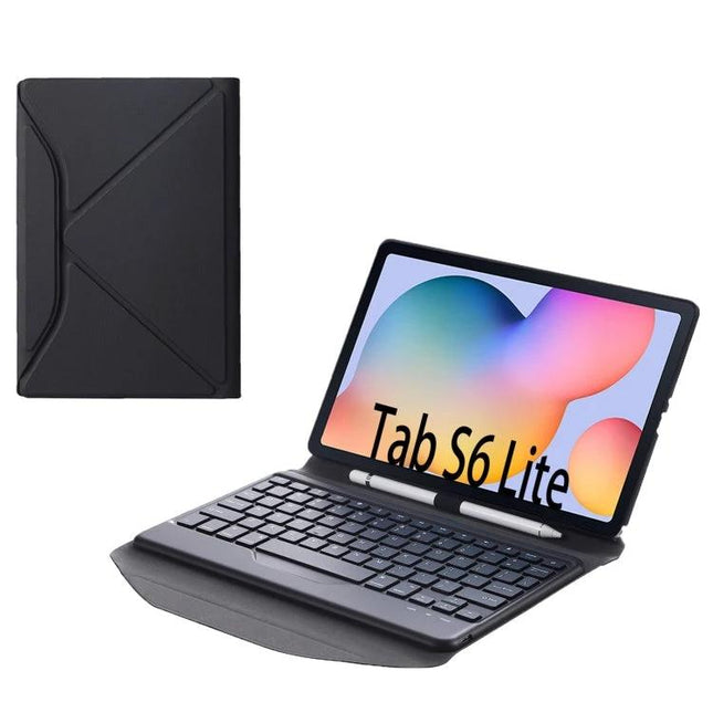 Protective Leather Bluetooth Keyboard Case for Samsung Galaxy Tab S6 Lite shown open with keyboard and closed folio cover