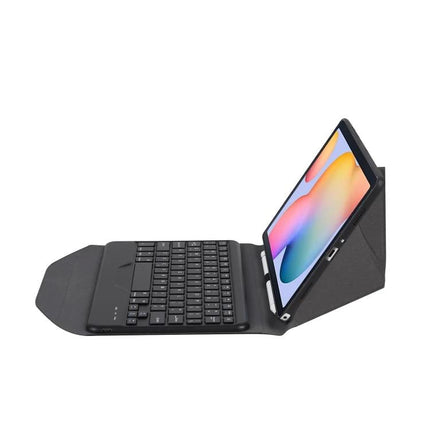 Protective Leather Bluetooth Keyboard Case for Samsung Galaxy Tab S6 Lite shown open with tablet propped and Bluetooth keyboard