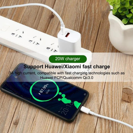 USB-C to Type-C Cable for Daily Device Charging connected to phone and 20W charger on wooden table, fast charging during travel or commute