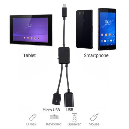 Compact Adapter for Daily USB Connections on Your Mobile Device - micro USB to USB hub showing tablet, smartphones, keyboard, mouse and USB drive connections