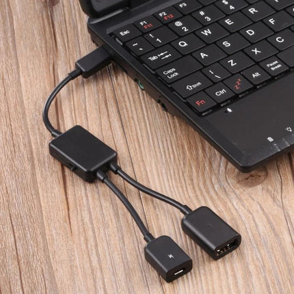 Compact Adapter for Daily USB Connections on Your Mobile Device plugged into laptop showing keyboard, dual USB ports for keyboard, mouse, and flash drive