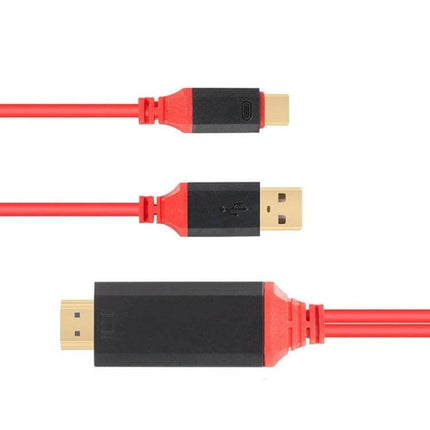 2-in-1 USB-C HDMI Cable for Device Charging and Video Output, 2 Meters Red - red cable showing USB-C, USB and HDMI connectors