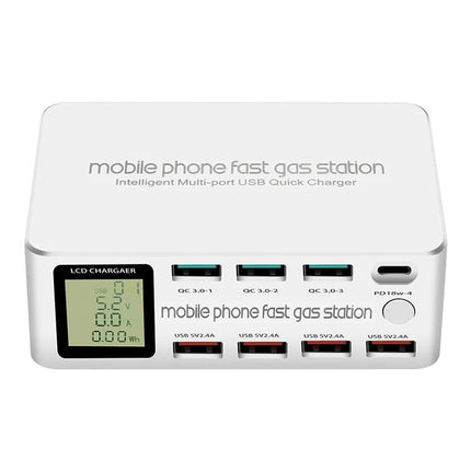 Multi-Device Charging Station for Everyday Home Use with LCD screen and multiple USB ports for phone, tablet, earbuds