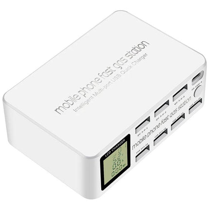Multi-Device Charging Station for Everyday Home Use with large LCD screen charging phone, tablet and earbuds on desk