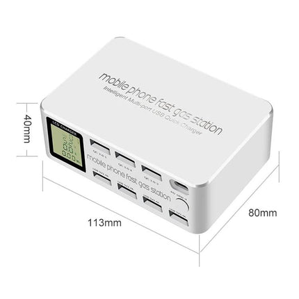 Multi-Device Charging Station for Everyday Home Use with large LCD display and multiple USB ports for phone tablet earbuds