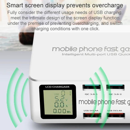 Multi-Device Charging Station for Everyday Home Use with LCD screen showing charging status and multiple USB ports