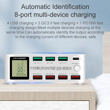 Multi-Device Charging Station for Everyday Home Use with LCD screen and 8-port fast charging on bedside desk