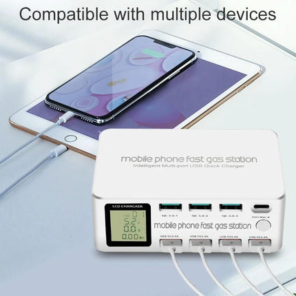 Multi-Device Charging Station for Everyday Home Use with large LCD showing charging status, charging phone, tablet and earbuds simultaneously