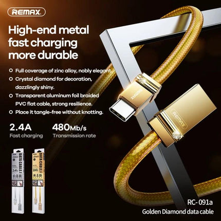 REMAX USB-C Charging Cable for Everyday Device Needs gold braided fast-charging cable with metal connectors and diamond decoration