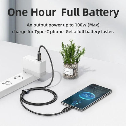 REMAX Cable for Everyday Device Charging and Syncing - braided Type-C fast charging cable shown charging smartphone from wall adapter