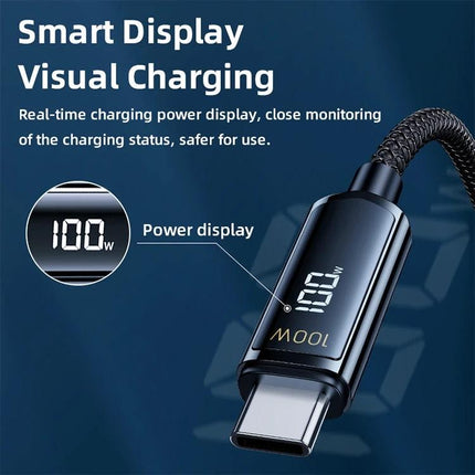 REMAX Cable for Everyday Device Charging and Syncing braided USB-C cable with smart display showing 100W power for quick charging and syncing