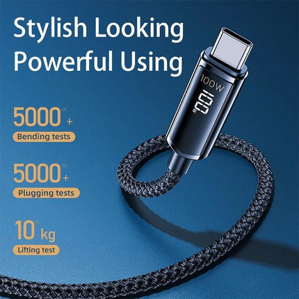 REMAX Cable for Everyday Device Charging and Syncing — braided USB-C charging cable with 100W digital display, durable zinc alloy connector