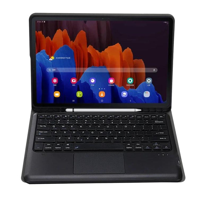 Splittable Leather Bluetooth Keyboard Case for Samsung Galaxy Tab S7 shown open with tablet, integrated keyboard, trackpad, and stylus holder