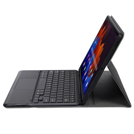 Splittable Leather Bluetooth Keyboard Case for Samsung Galaxy Tab S7 shown open with tablet in landscape and detachable keyboard for typing