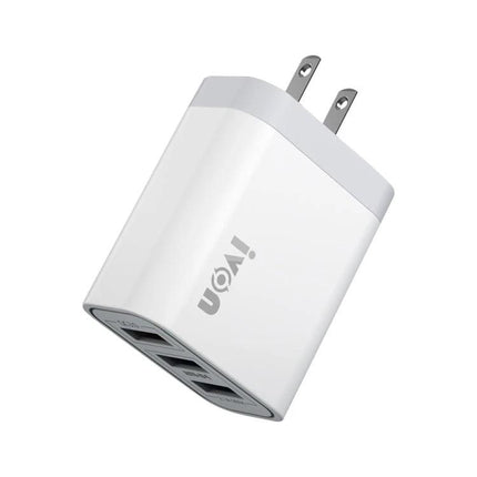 IVON Travel Charger for On-the-Go Device Powering - compact white 3-port USB wall charger for smartphones, tablets and earbuds, portable travel plug
