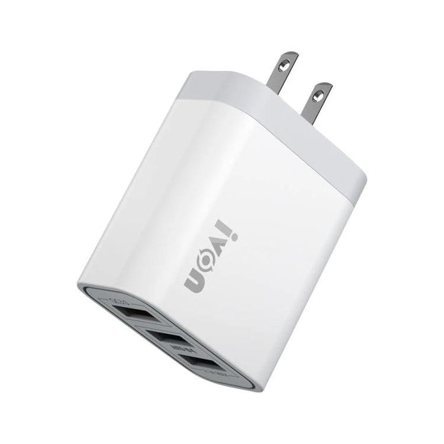 IVON Travel Charger for On-the-Go Device Powering - compact white 3-port USB wall charger for smartphones, tablets and earbuds, portable travel plug
