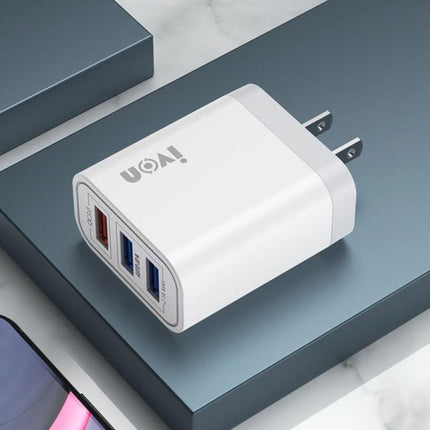 IVON Travel Charger for On-the-Go Device Powering compact white USB wall charger with three ports for smartphone tablet and earbuds