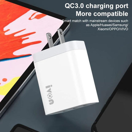 IVON Travel Charger for On-the-Go Device Powering compact white QC3.0 wall charger beside smartphone and tablet