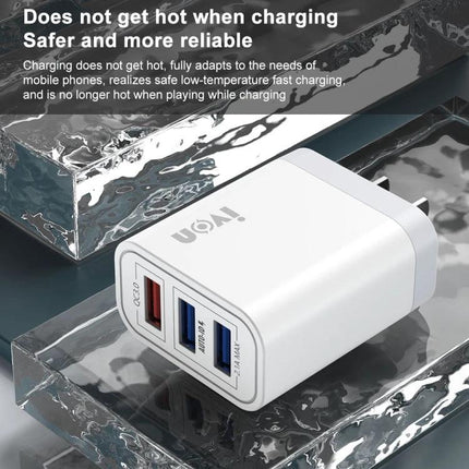 IVON Travel Charger for On-the-Go Device Powering white compact dual USB wall charger shown on reflective surface