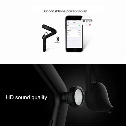 Bluetooth Headset For Hands Free Calls Lightweight Fit showing earpiece, iPhone battery display and HD sound quality in use
