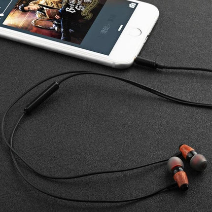 Wired In-Ear Earphones With 3.5mm Jack For Commuting And Calls - ES-60TY wooden earbuds shown with smartphone