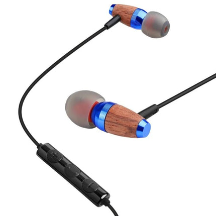 Wired In-Ear Earphones With 3.5mm Jack For Commuting And Calls - wooden blue earbuds with inline remote