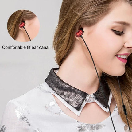 Wired Earphones With 3.5mm Jack For Calls Commuting And Workouts - red metal in-ear earphones shown on smiling woman