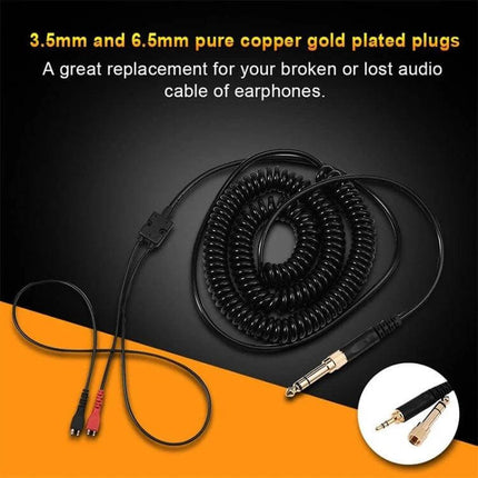 Replacement Spring Cable for Sennheiser HD Headphones, 1.5m to 5m Length - coiled black cable with 3.5mm and 6.5mm gold plated plugs