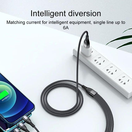 Multi-Device Charging Cable for Daily Use at Home and On the Go showing braided cable charging phone and power strip