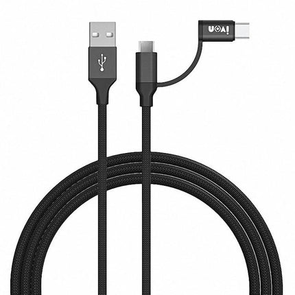 IVON 2-in-1 Cable for Everyday Device Charging and Syncing shown braided USB to micro USB and USB-C adapter for charging and 480Mbps data transfer