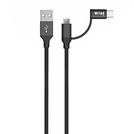 IVON 2-in-1 Cable for Everyday Device Charging and Syncing - black braided USB to micro USB and USB-C charging and data cable