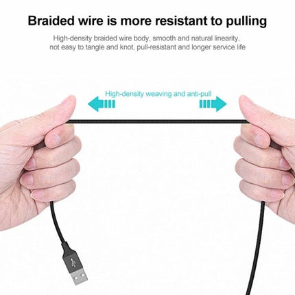 IVON 2-in-1 Cable for Everyday Device Charging and Syncing braided USB cable shown pulled between hands to highlight anti-pull high-density weave
