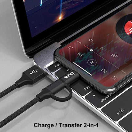 IVON 2-in-1 Cable for Everyday Device Charging and Syncing connected to smartphone and laptop for charging and data transfer