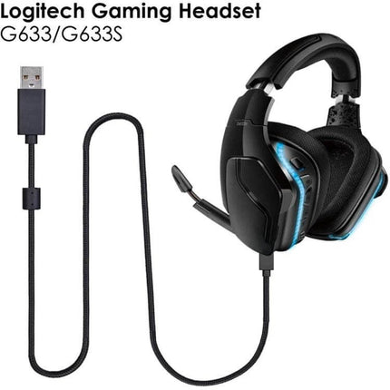 Replacement USB Audio Cable for Logitech G633 Headsets, 2 Meters Long - braided replacement cable shown connected to Logitech G633 headset