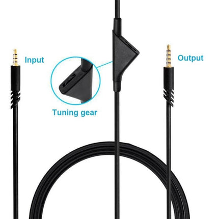2m Audio Cable for Logitech Astro A10/A40/A30 with Volume Control showing gold-plated 3.5mm connectors and inline tuning gear