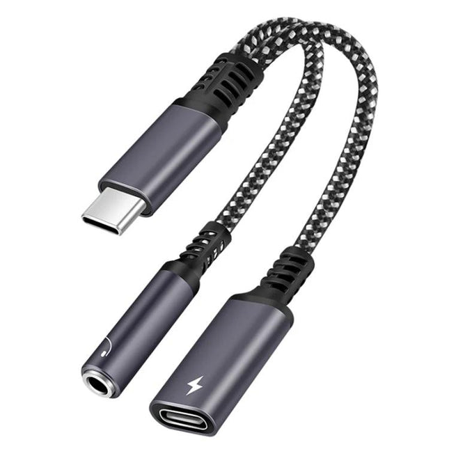 Compact Adapter for Charging Devices During Daily Commutes - Type-C to 3.5mm headphone and charging splitter cable for train or bus use