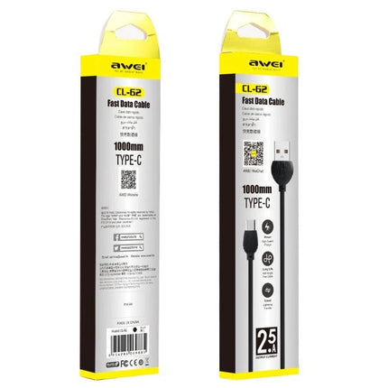 Awei USB-C Cable for Daily Phone Charging and Data Transfer - CL-62 1000mm Type-C fast data cable packaging