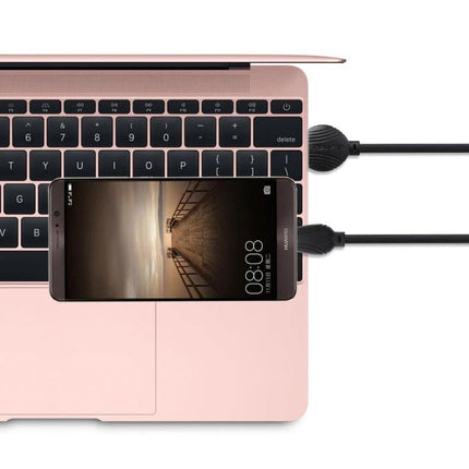 Awei Braided Micro USB Cable for Everyday Device Charging plugged into laptop and smartphone showing braided tangle-free design